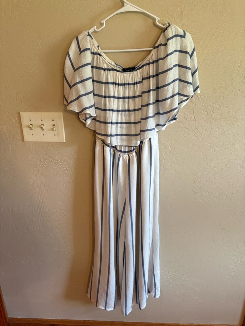 White and Navy Stripe Off-Shoulder jumpsuit/romper